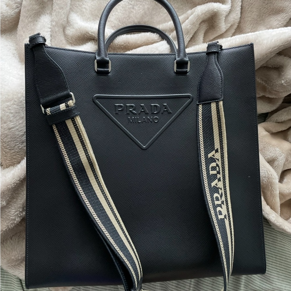 PRADA Embossed Triangle Tote Bag Handbag Black 2VG084